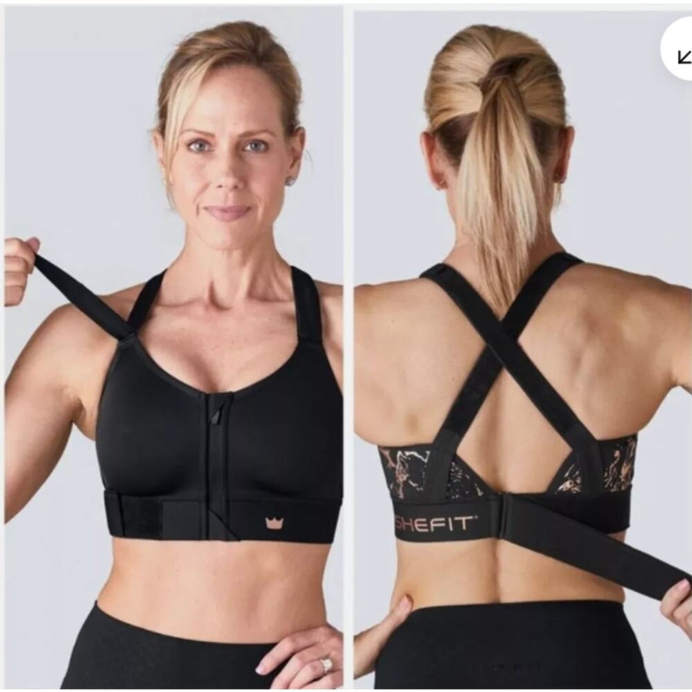 Shefit Sports Bra Womens Size 6 Luxe Flex Black Rose Gold Medium Impact Athletic